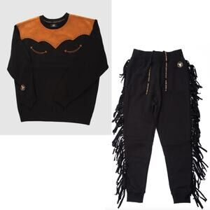 Teton Ridge Western Suede Crewneck Fringe Joggers Set Black Brown Medium